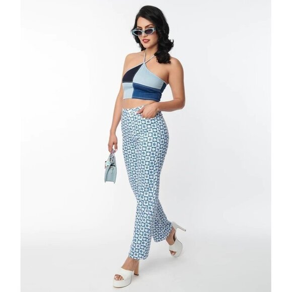 NWT, Unique Vintage Blue & White Checkered Daisy Print Jeans, Size L - Picture 4 of 16